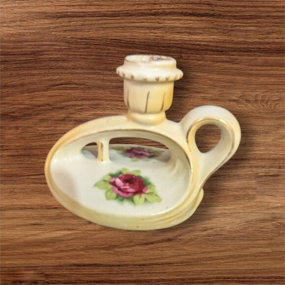 Vintage Ceramic Porcelain Chamberstick Candle Holder With Pink Rose Design ag - Picture 2 of 11